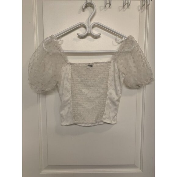 White Crop Top Small With Puff Sleeves Sheer Mesh Ruching Floral Lace - Picture 2 of 7